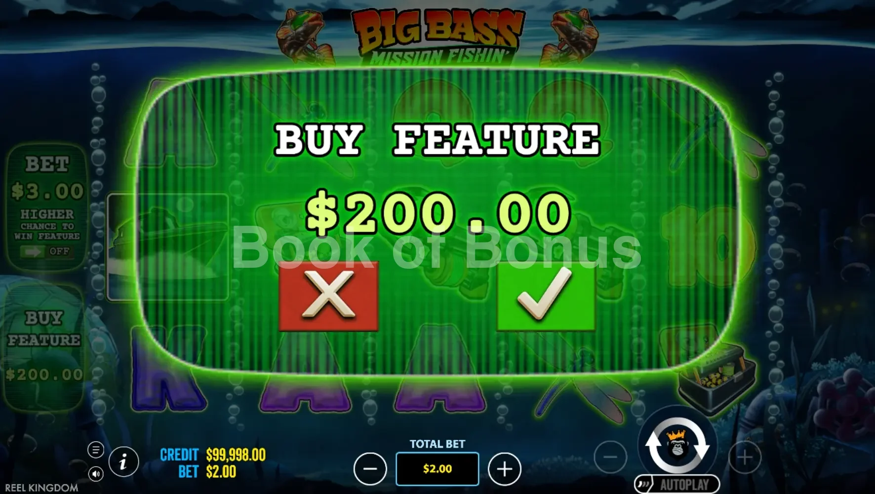 Big Bass Mission Fishin par Reel Kingdom - menu d'achat de bonus et options