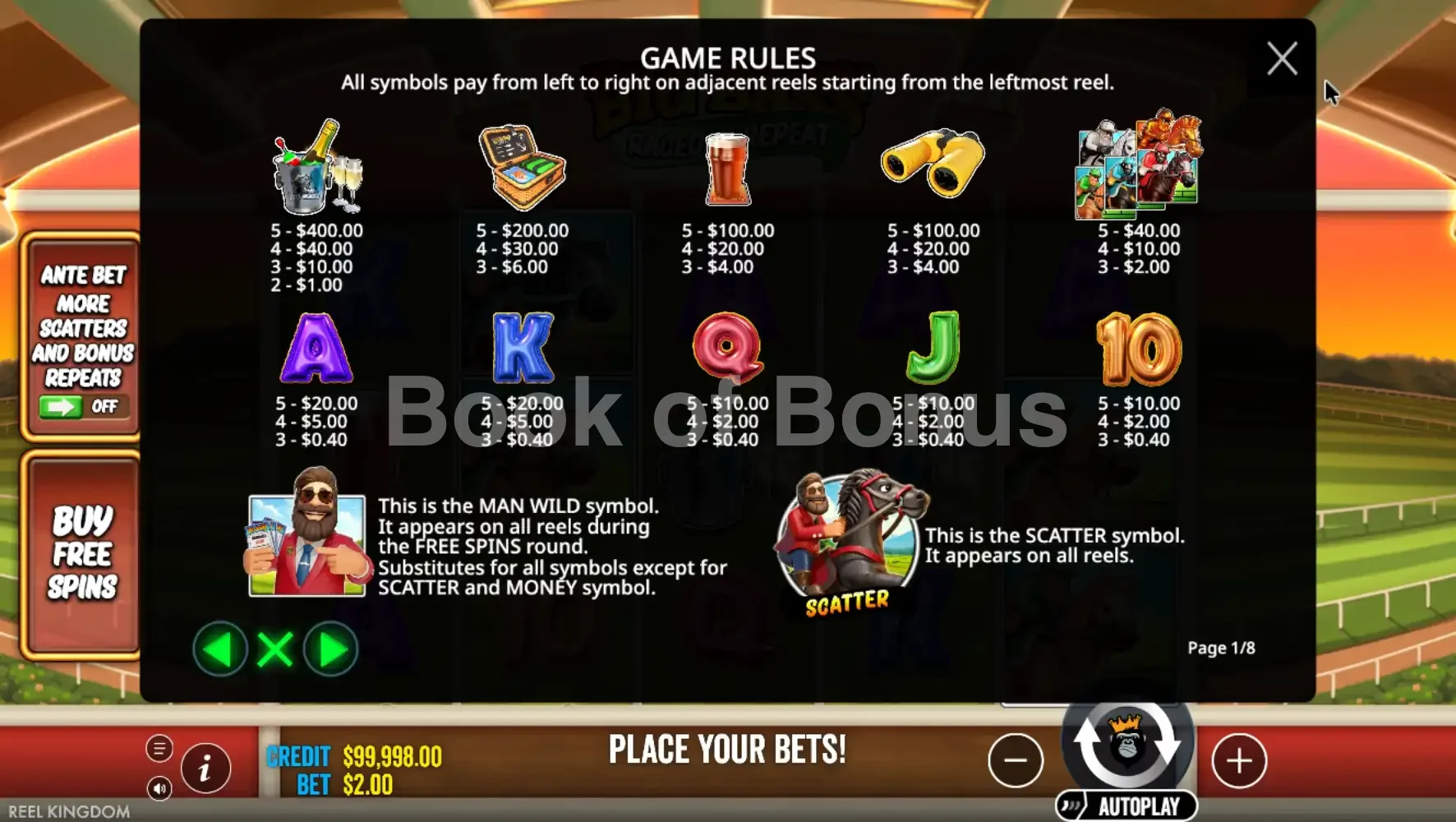 Big Bass Raceday Repeat par Pragmatic Play - table des gains et valeurs des symboles