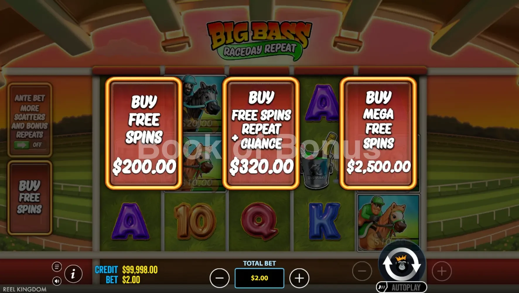 Big Bass Raceday Repeat par Pragmatic Play - menu d'achat de bonus et options