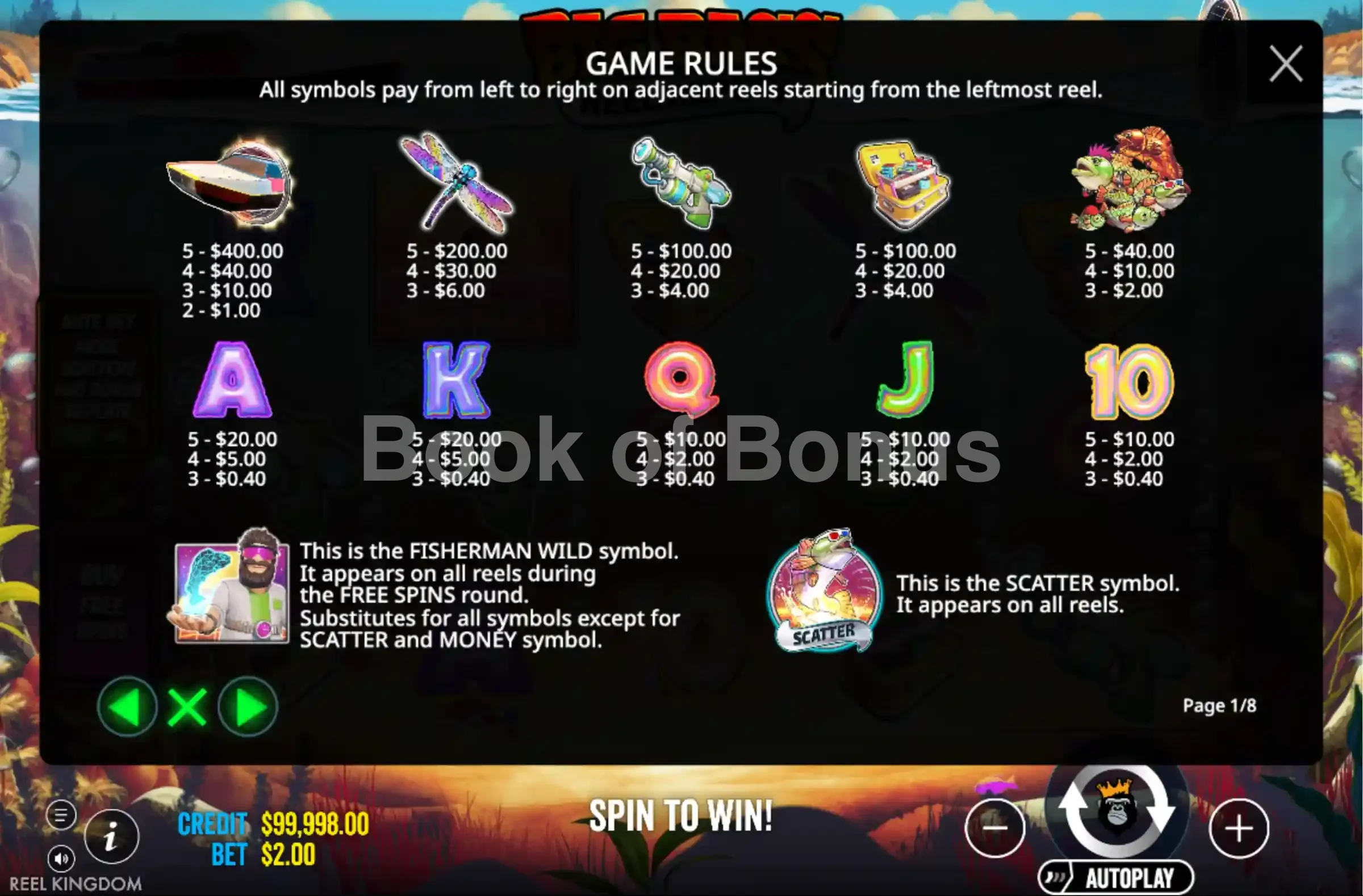 Big Bass Reel Repeat par Pragmatic Play - table des gains et valeurs des symboles
