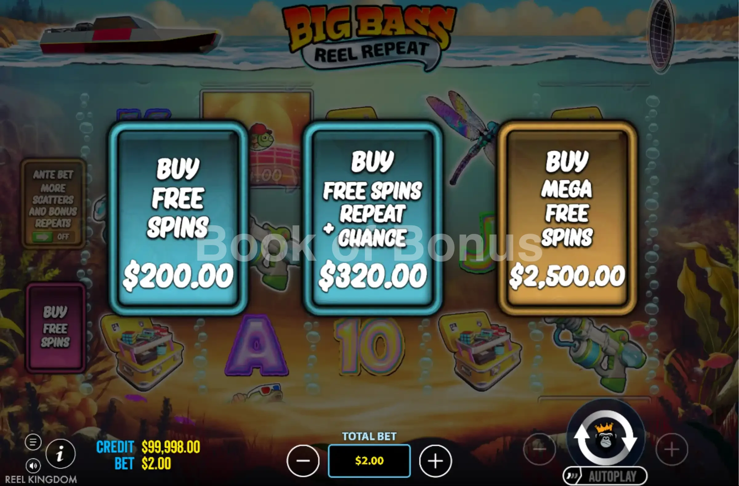 Big Bass Reel Repeat par Pragmatic Play - menu d'achat de bonus et options