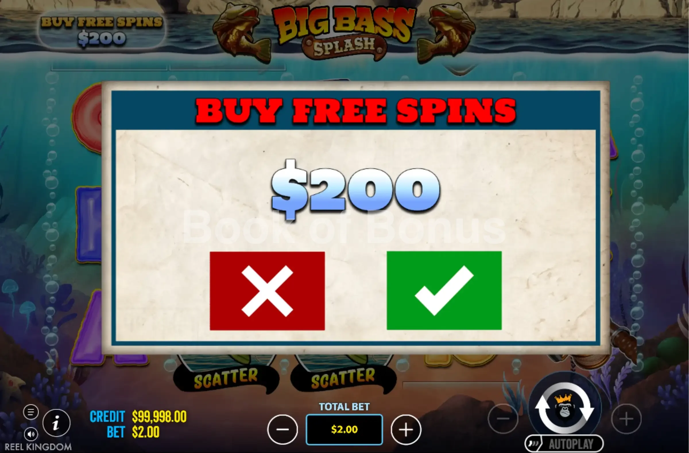 Big Bass Splash par Reel Kingdom - menu d'achat de bonus et options