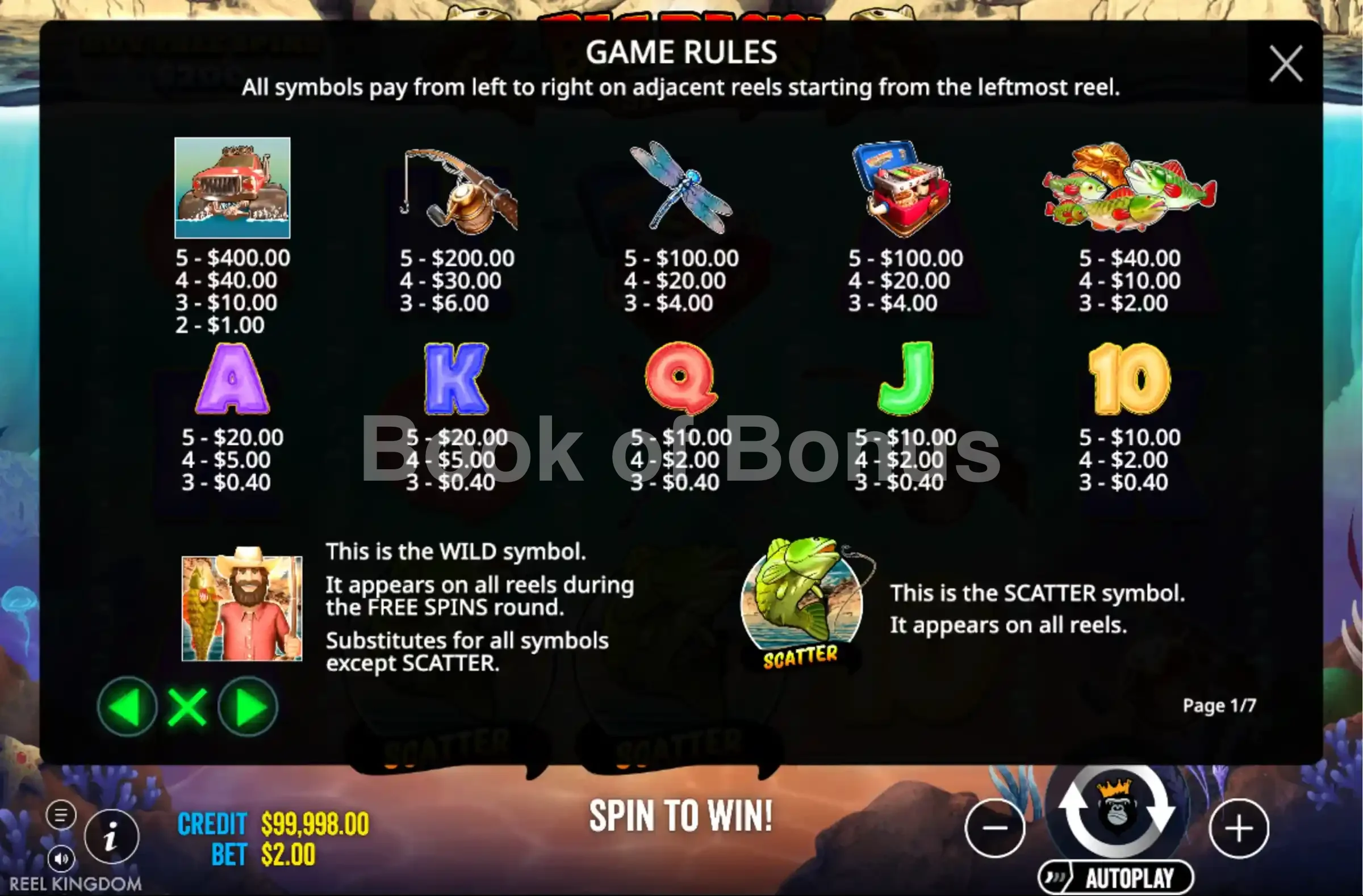 Big Bass Splash par Reel Kingdom - table des gains et valeurs des symboles