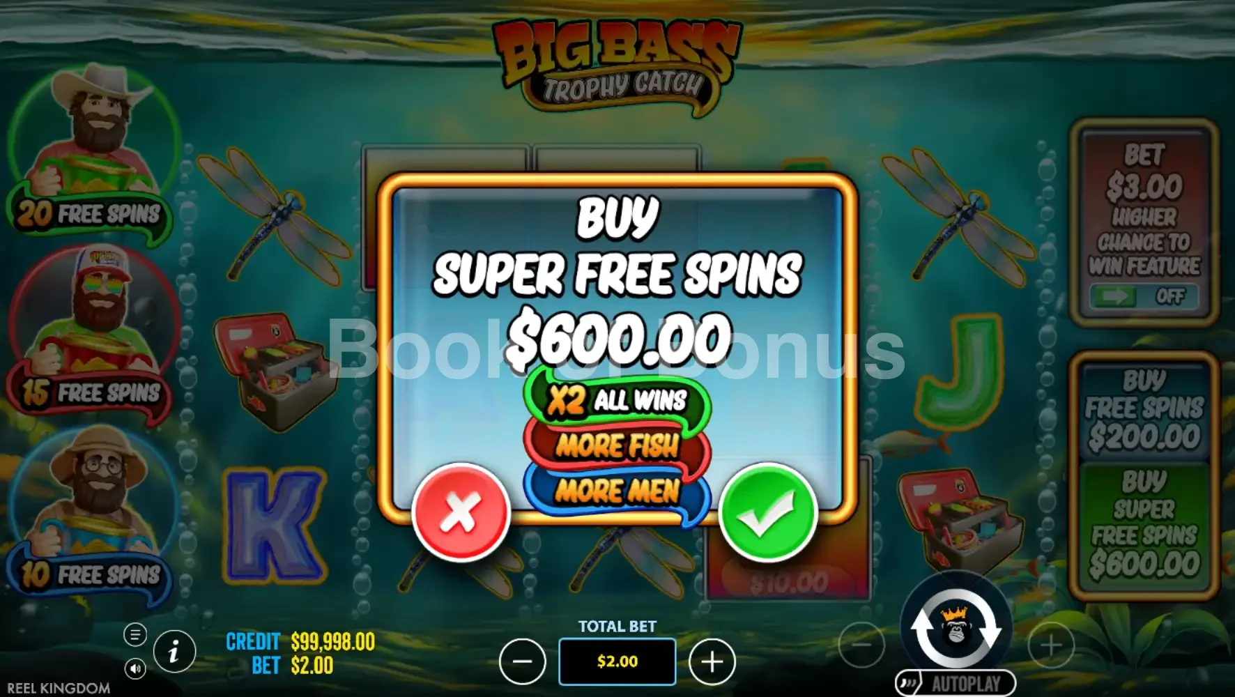Big Bass Trophy Fishing par Pragmatic Play - menu d'achat de bonus et options
