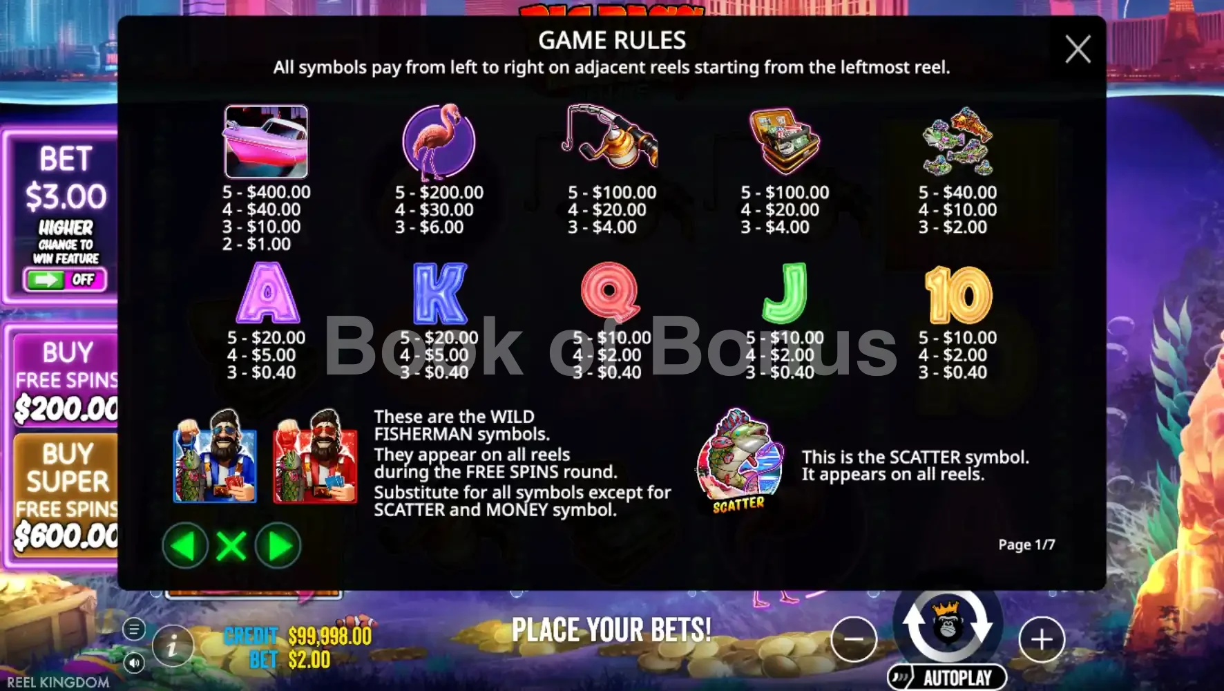 Big Bass Vegas Double Down Deluxe par Reel Kingdom - table des gains et valeurs des symboles