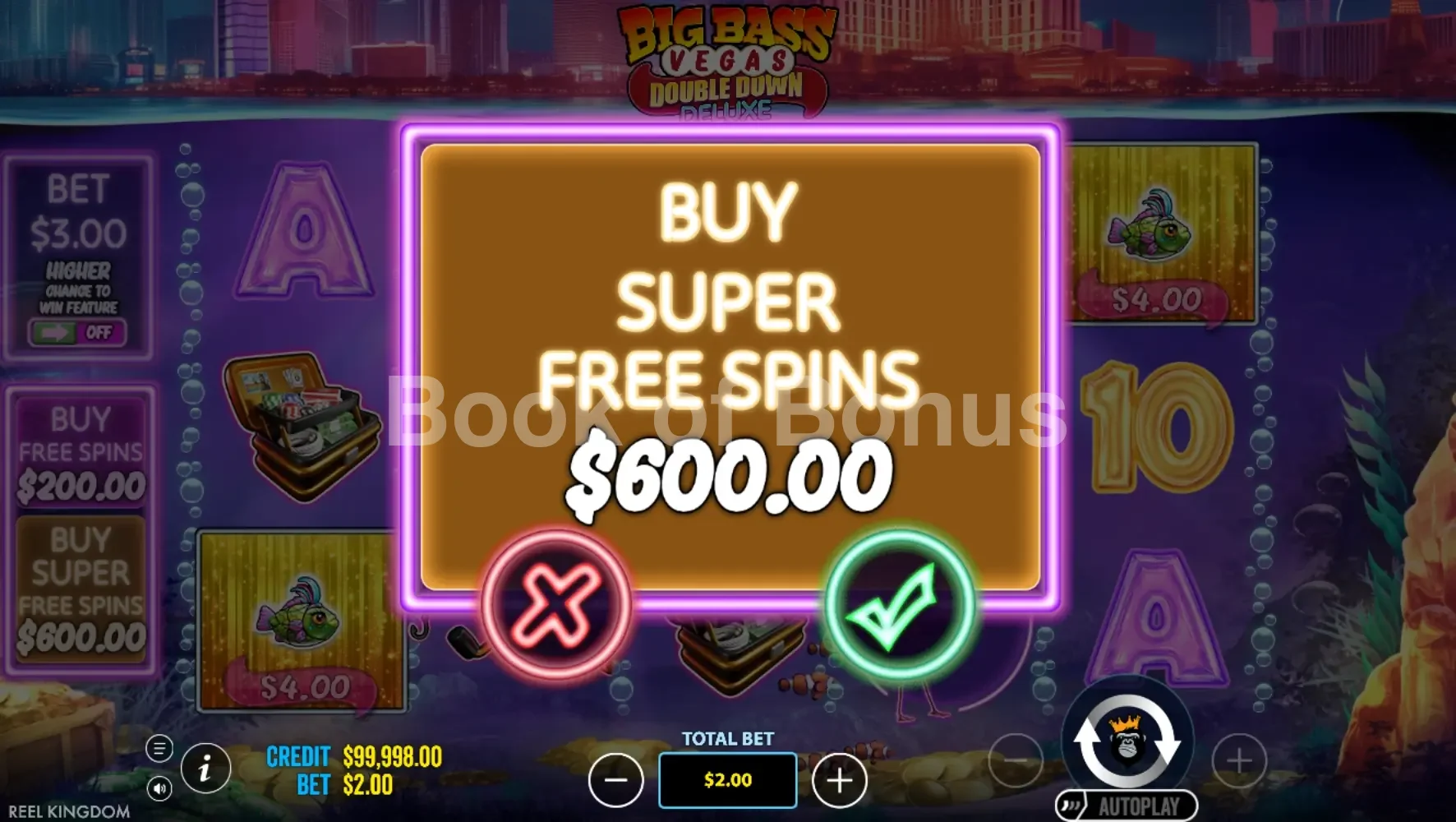 Big Bass Vegas Double Down Deluxe par Reel Kingdom - menu d'achat de bonus et options
