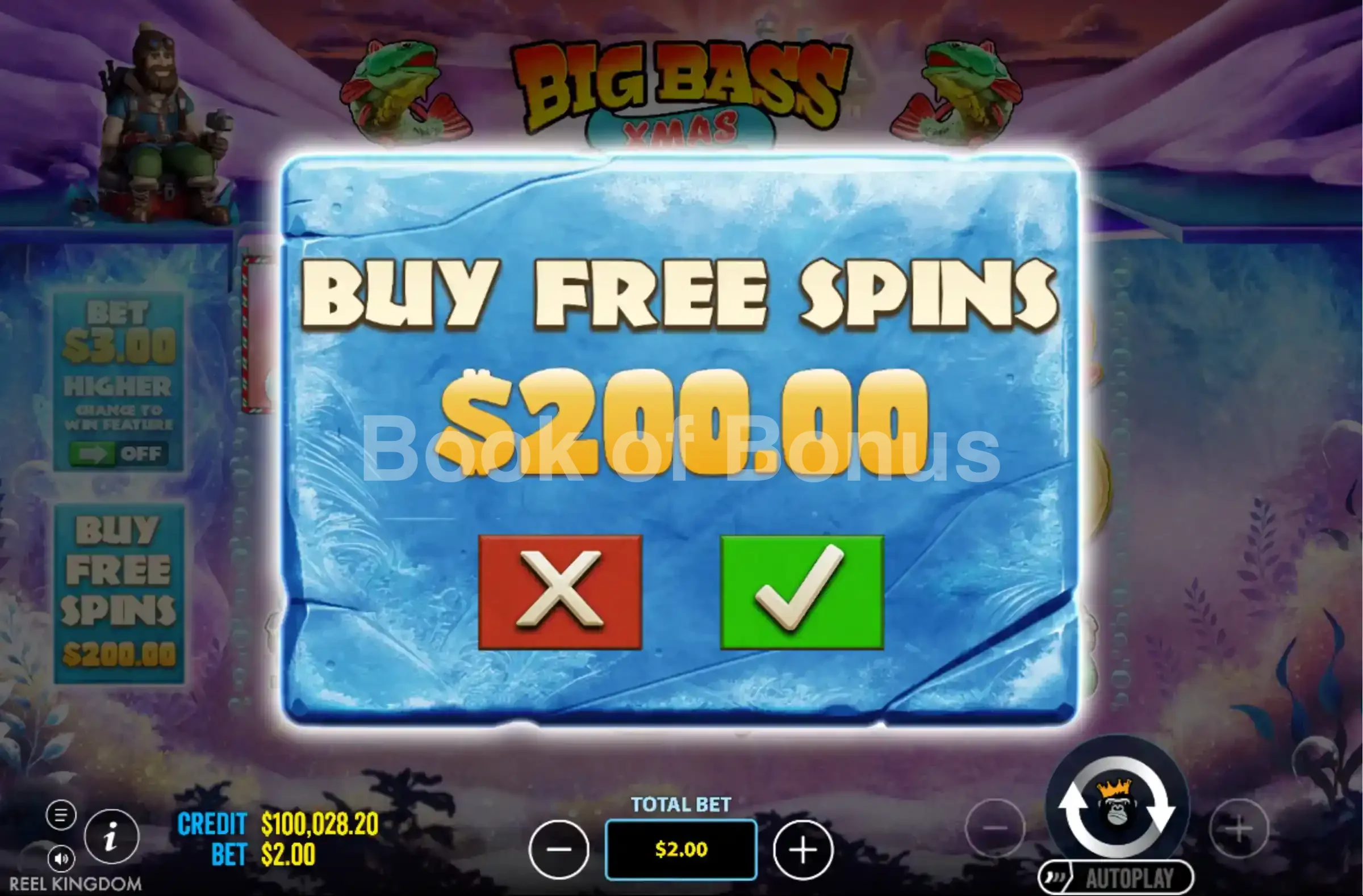 Big Bass Xmas Extreme par Reel Kingdom - menu d'achat de bonus et options