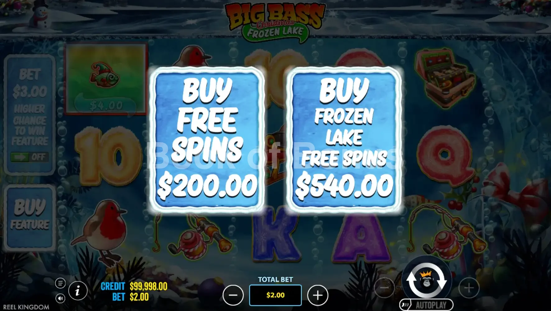Big Bass XMAS Frozen Lake par Pragmatic Play - menu d'achat de bonus et options