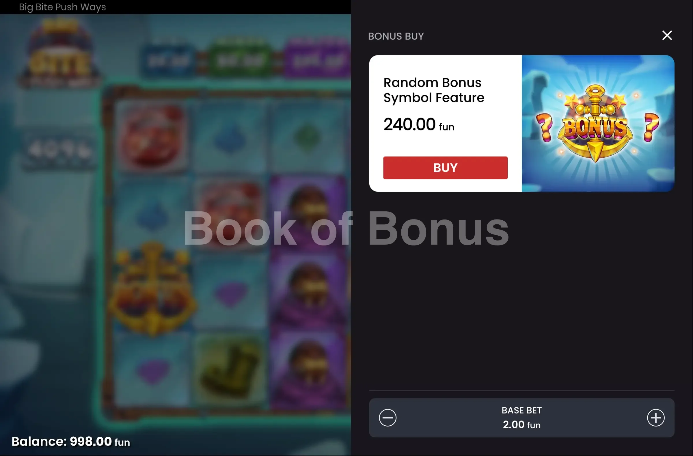 Big Bite Push Ways par Push Gaming - menu d'achat de bonus et options