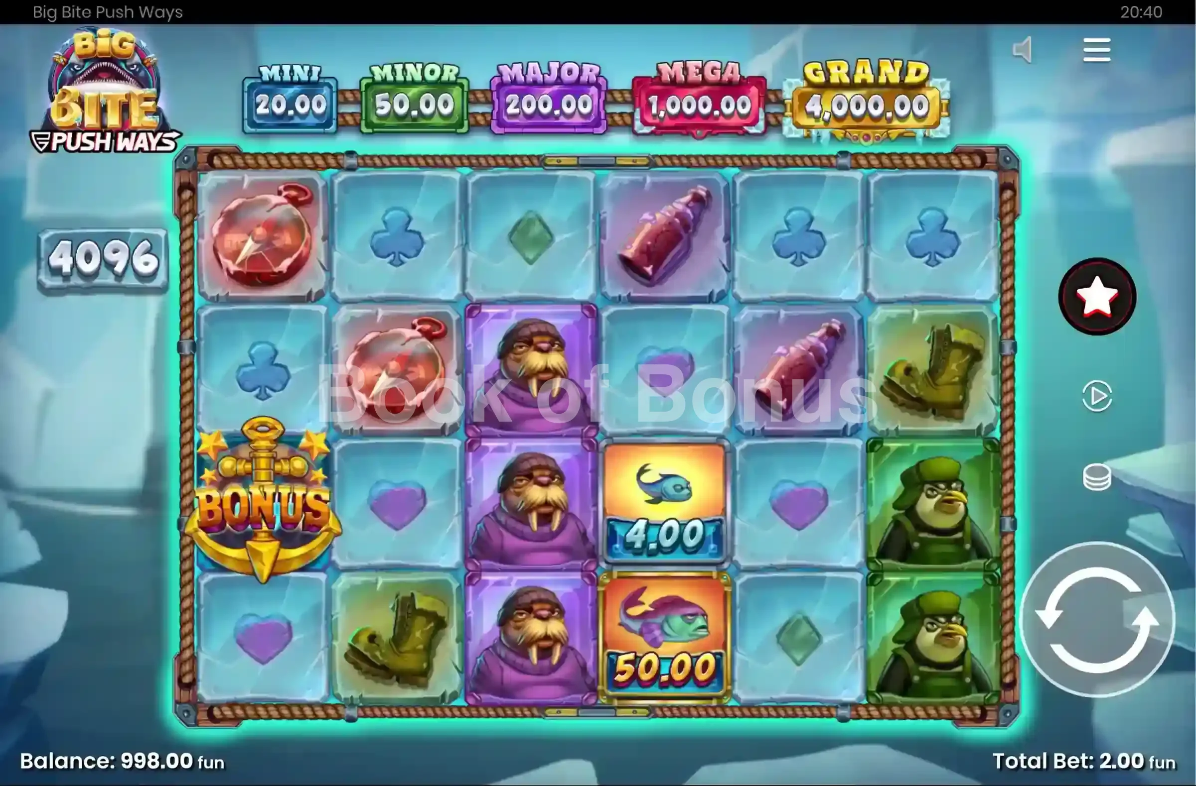Big Bite Push Ways par Push Gaming - jeu de base et disposition des rouleaux