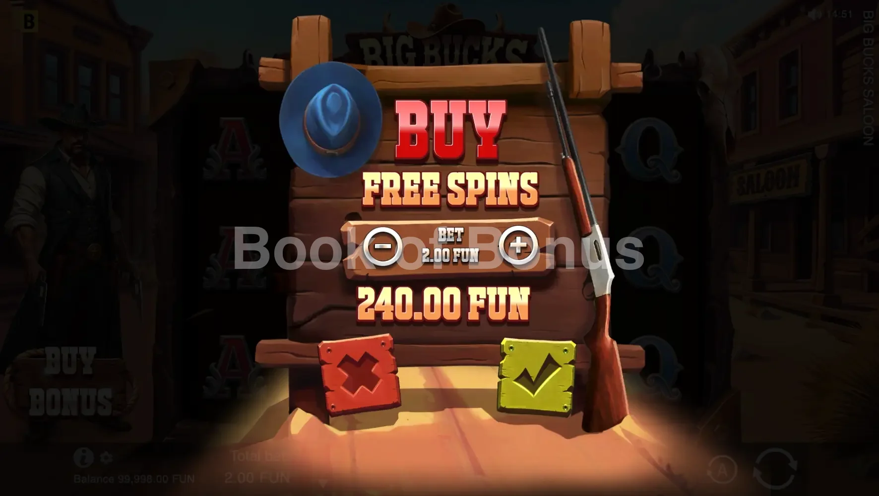Big Bucks Saloon par BGaming - menu d'achat de bonus et options