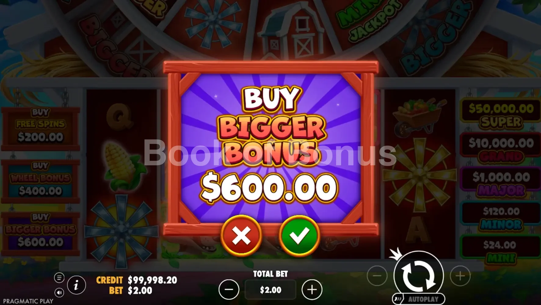 Bigger Barn House Bonanza par Pragmatic Play - menu d'achat de bonus et options