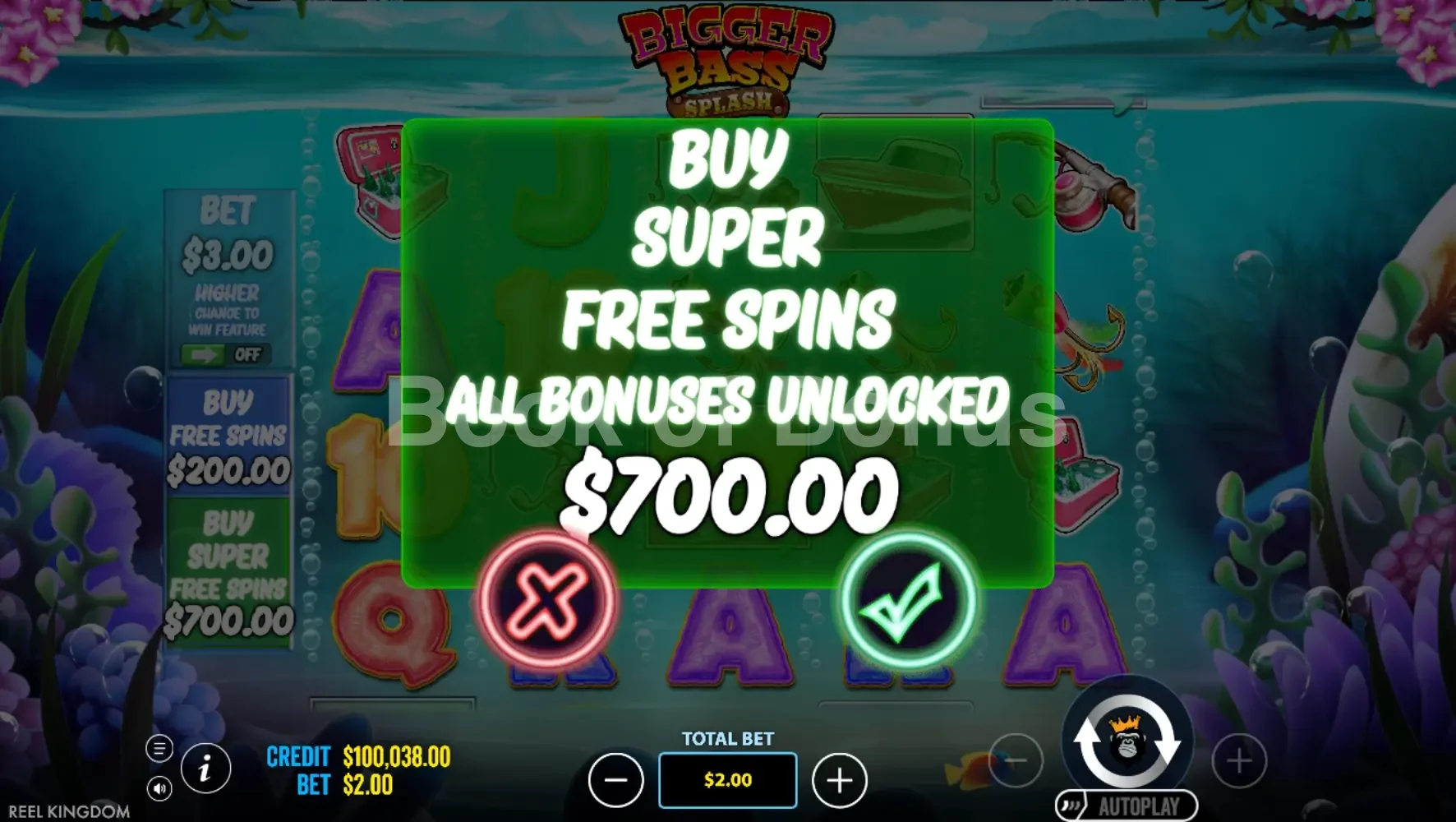 Bigger Bass Splash par Reel Kingdom - menu d'achat de bonus et options