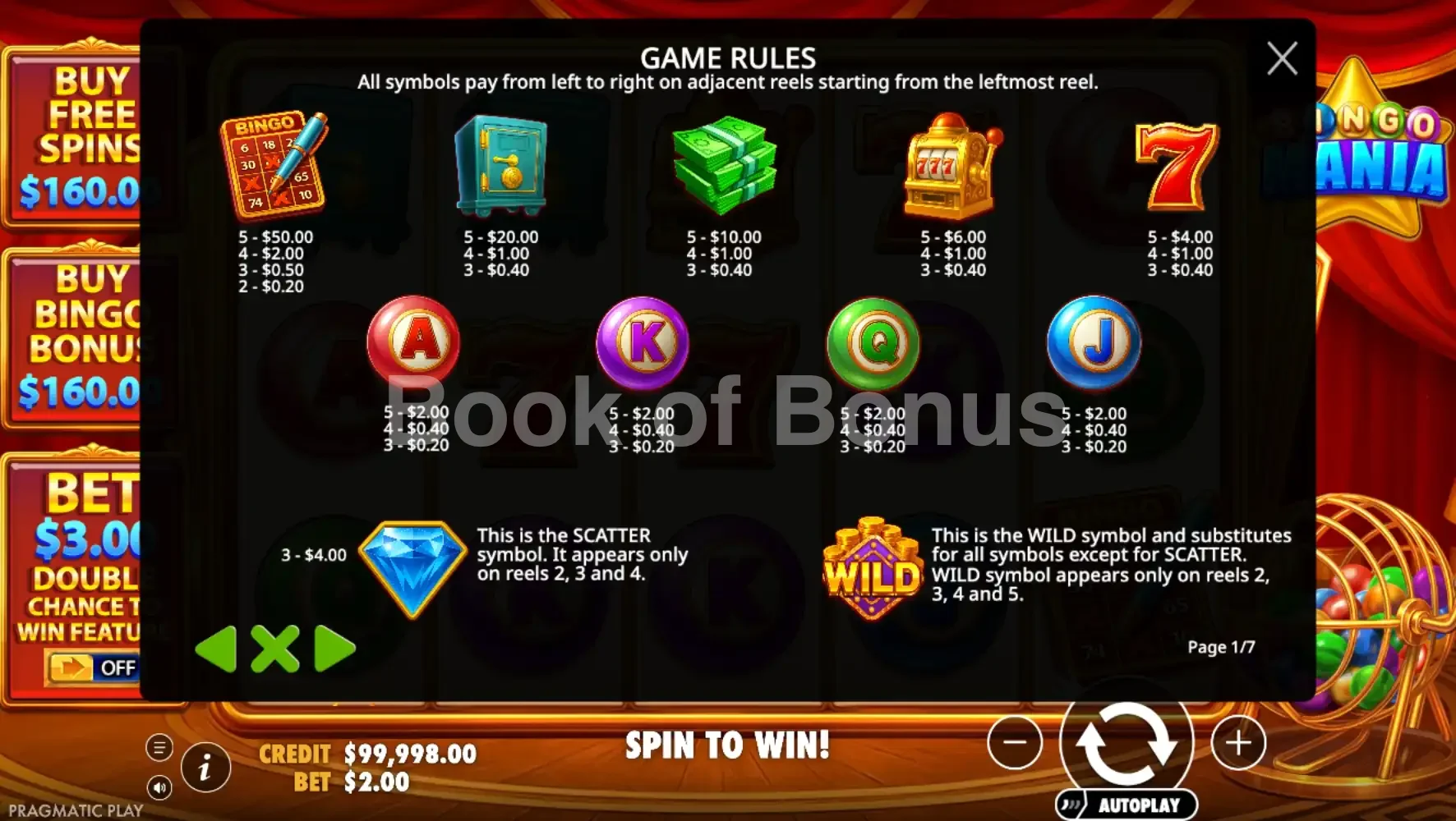 Bingo Mania par Pragmatic Play - table des gains et valeurs des symboles