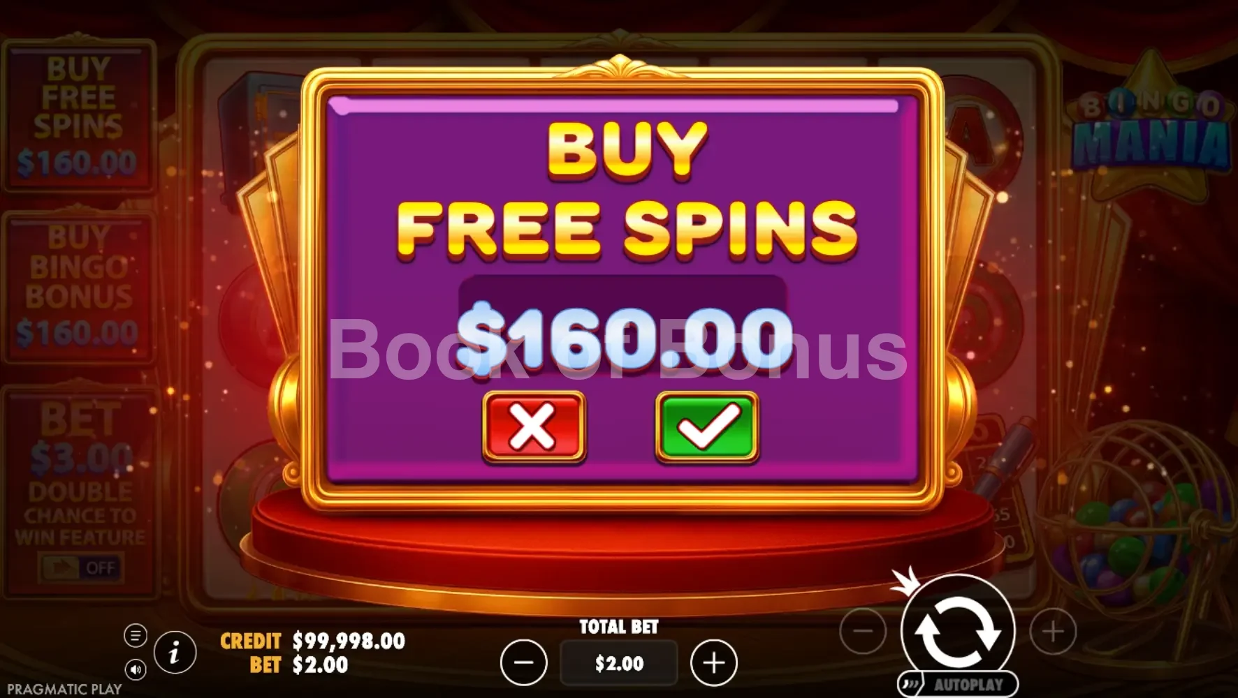 Bingo Mania par Pragmatic Play - menu d'achat de bonus et options