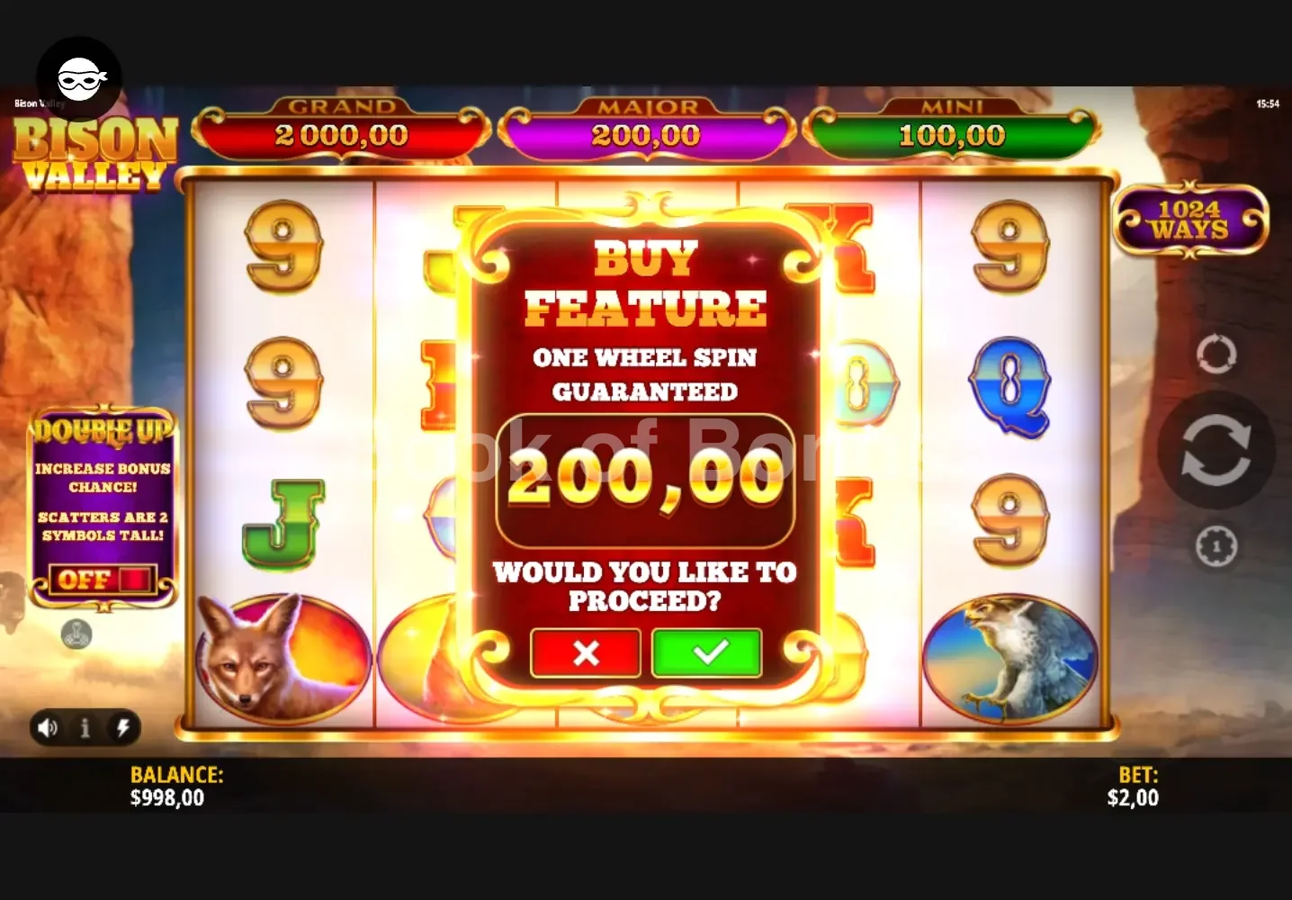 Bison Valley par iSoftBet - menu d'achat de bonus et options