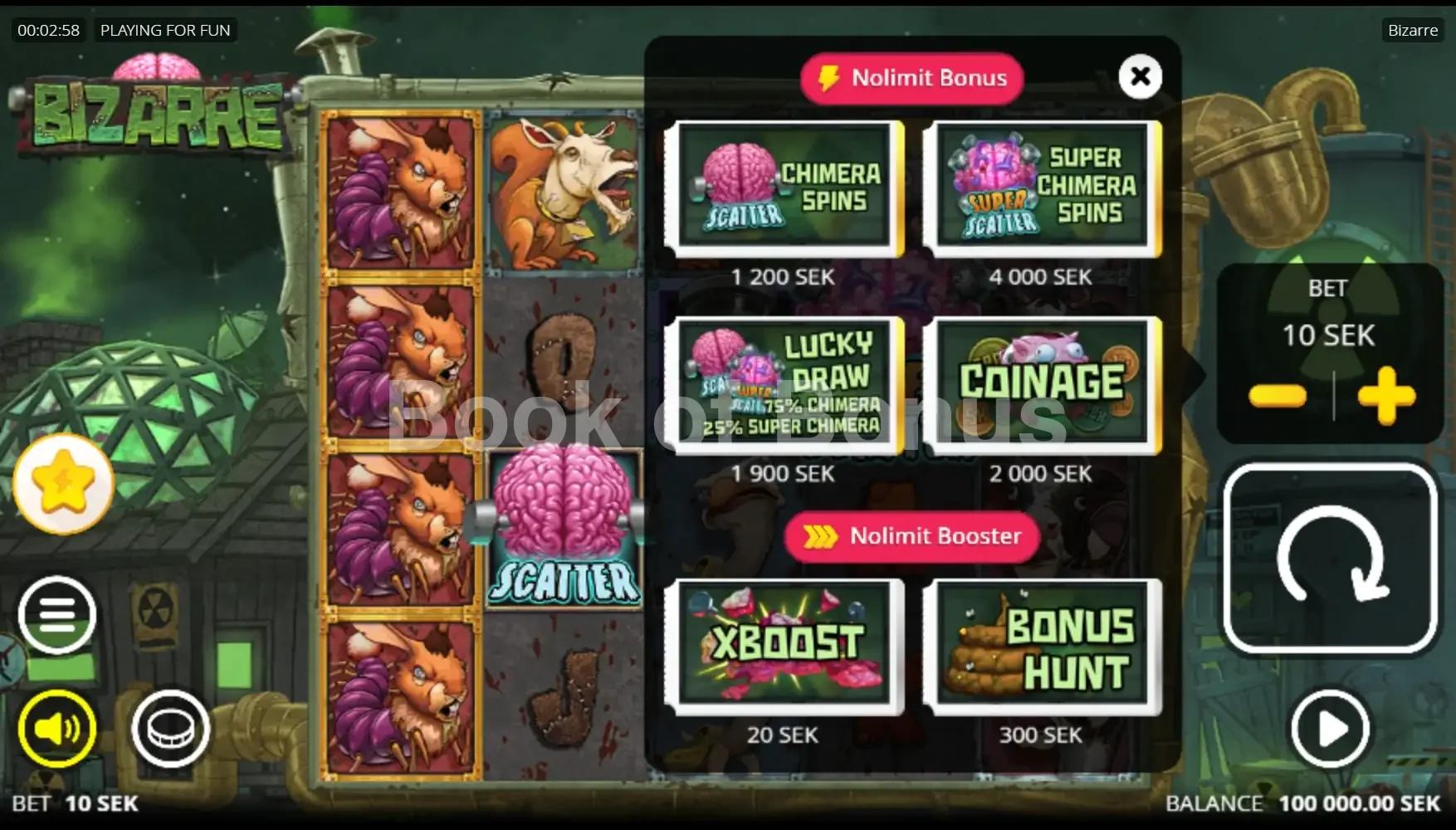 Bizarre par Nolimit City - menu d'achat de bonus et options