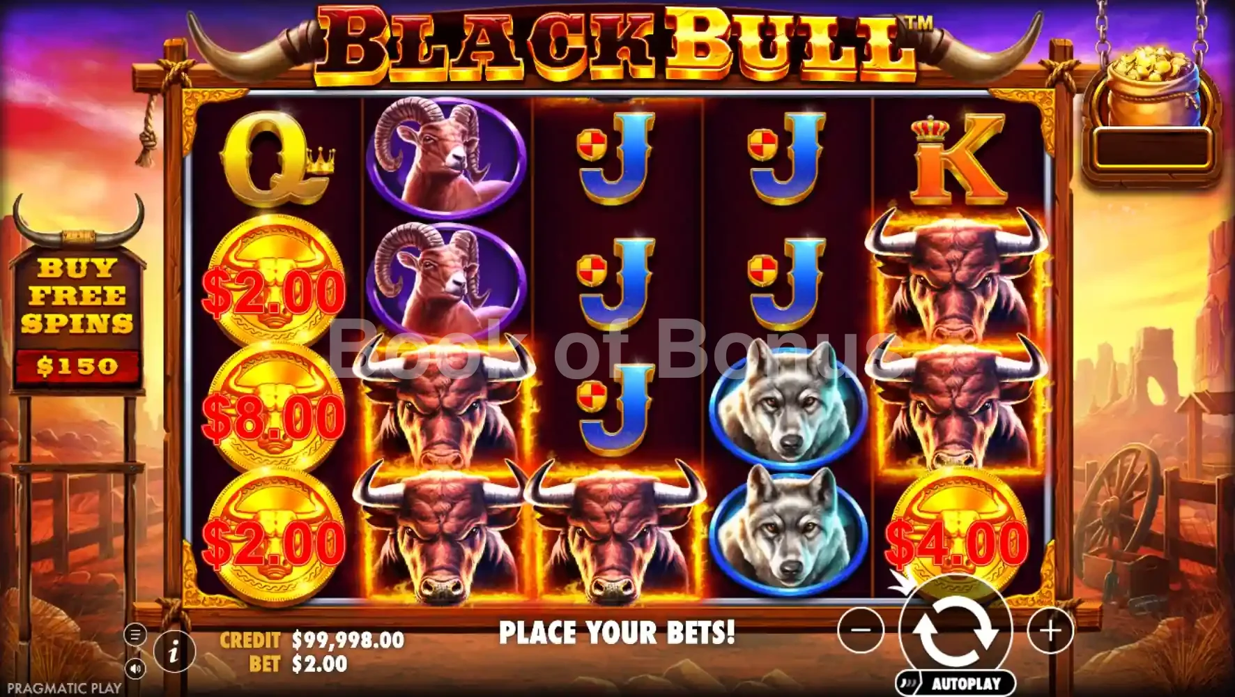Black Bull par Pragmatic Play - jeu de base et disposition des rouleaux
