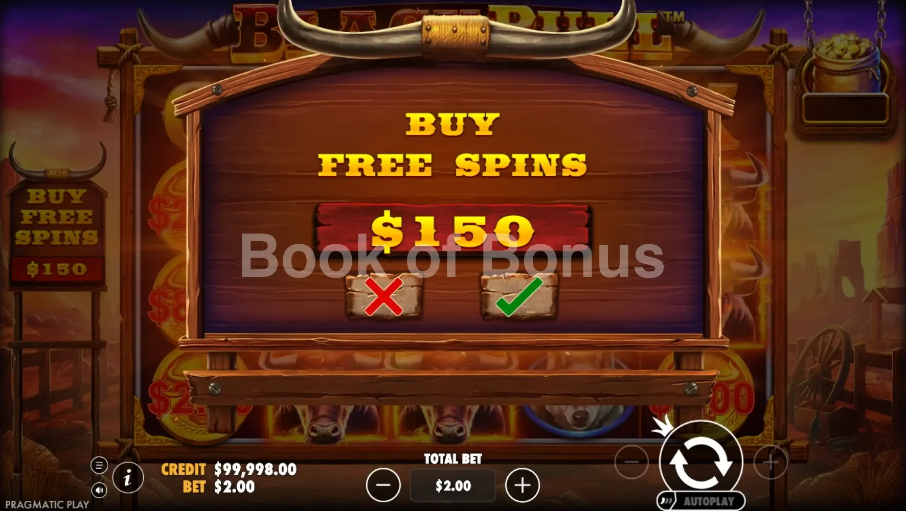 Black Bull par Pragmatic Play - menu d'achat de bonus et options