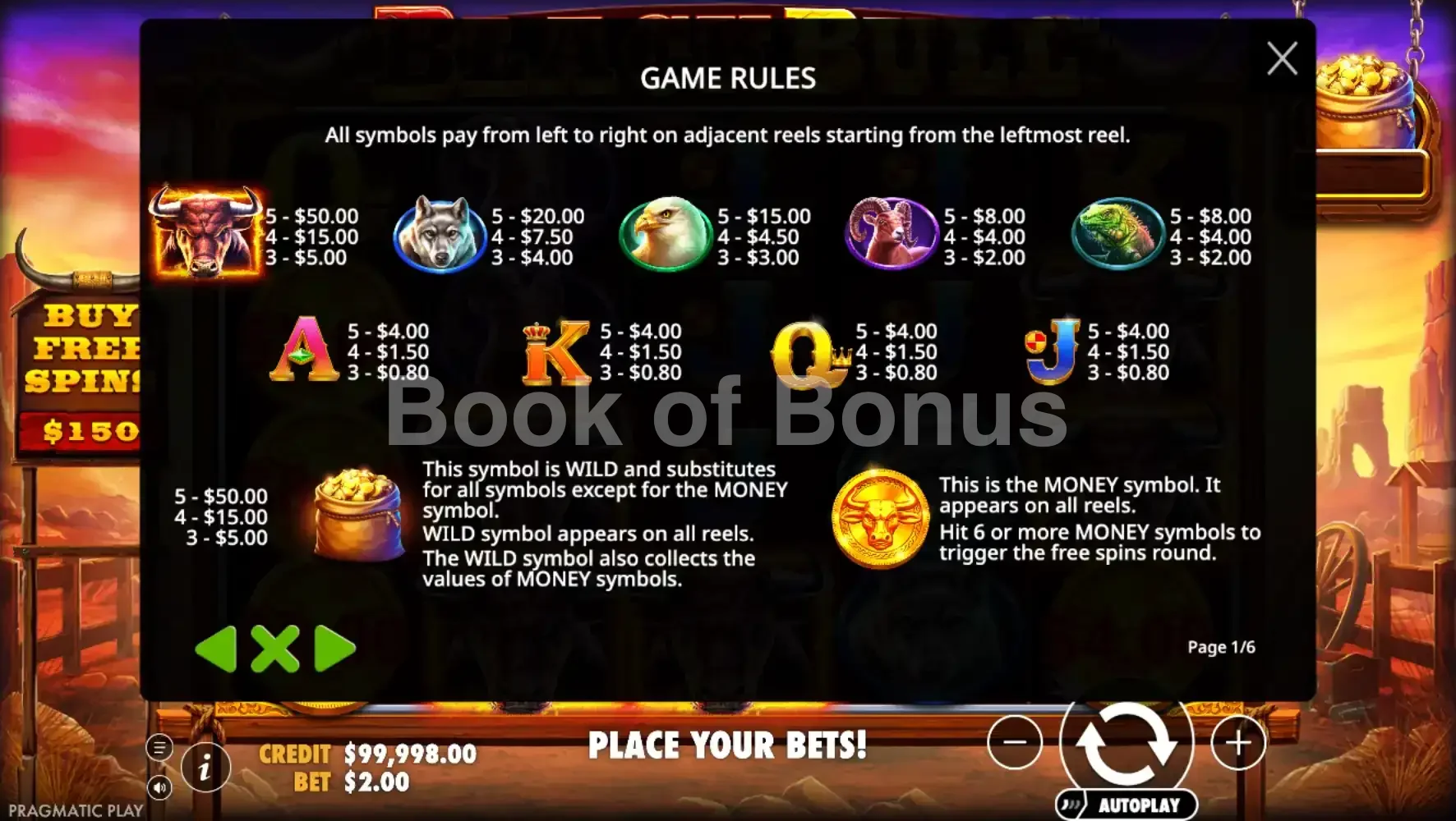 Black Bull par Pragmatic Play - table des gains et valeurs des symboles