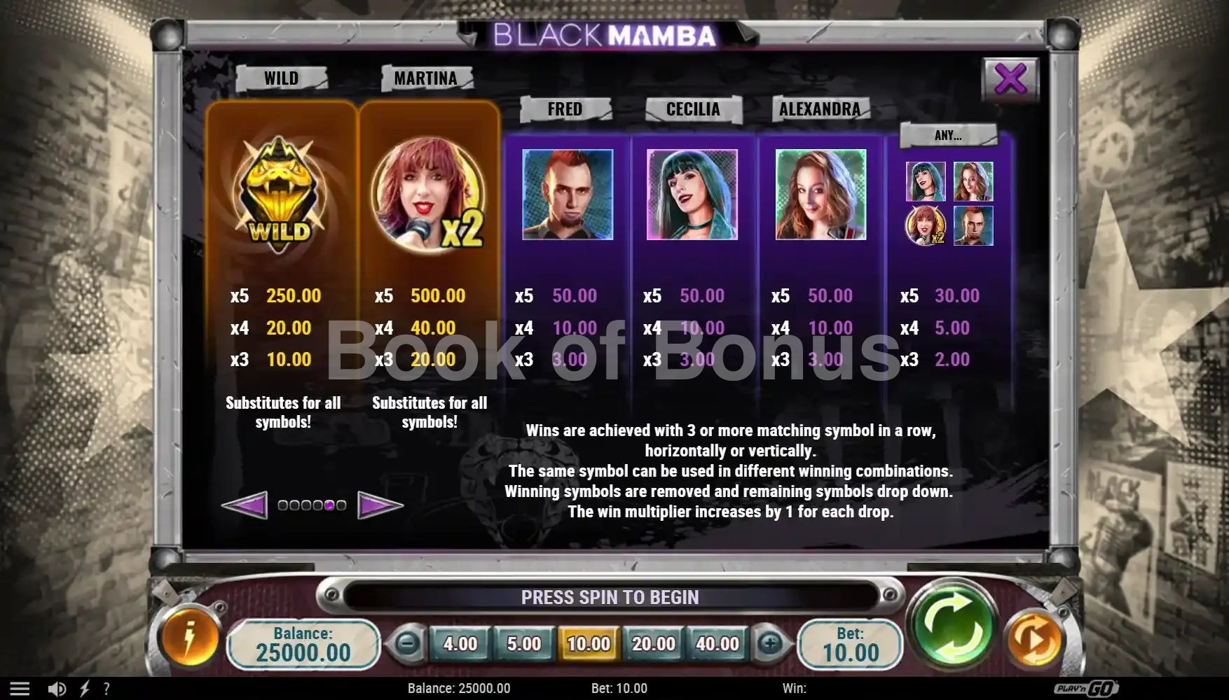 Tableau des gains Black Mamba