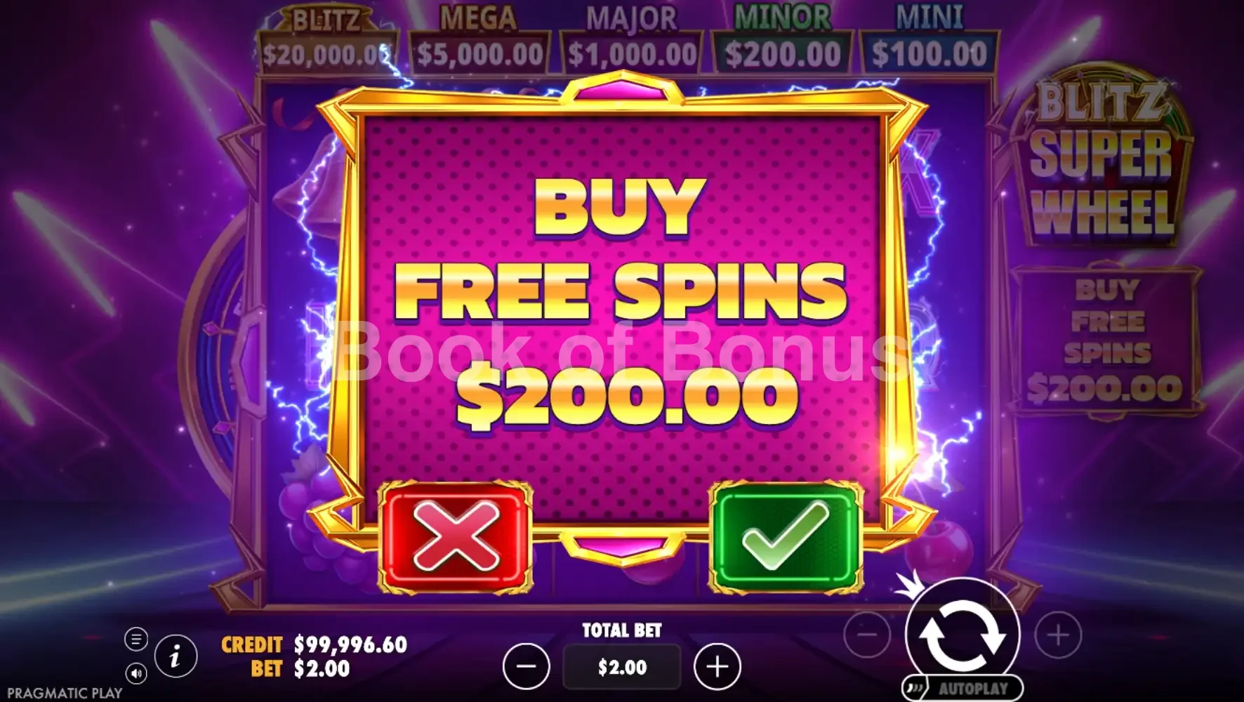 Blitz Super Wheel par Pragmatic Play - menu d'achat de bonus et options