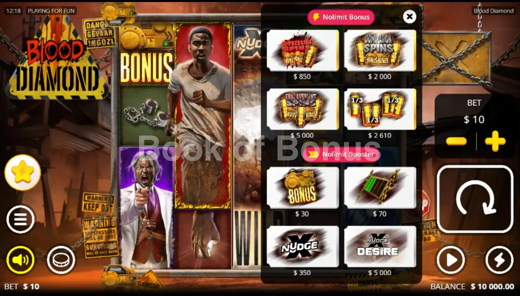 Blood Diamond par Nolimit City - menu d'achat de bonus et options