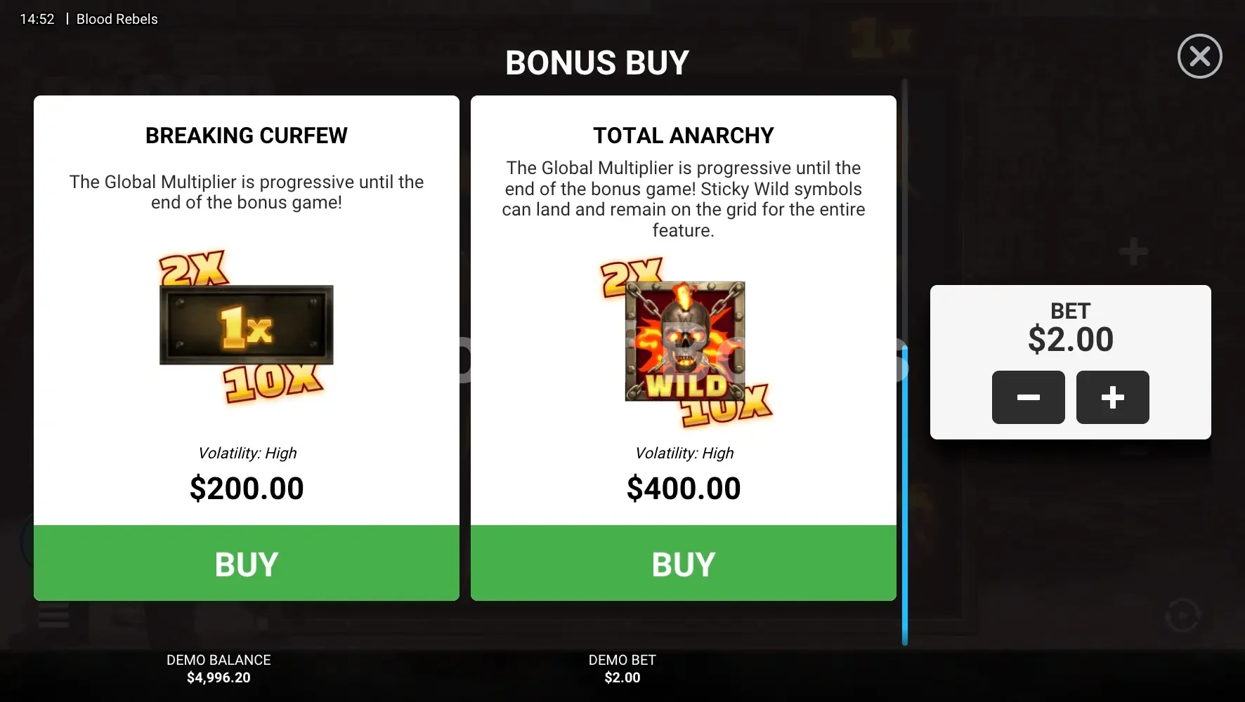 Blood Rebels par Hacksaw Gaming - menu d'achat de bonus et options