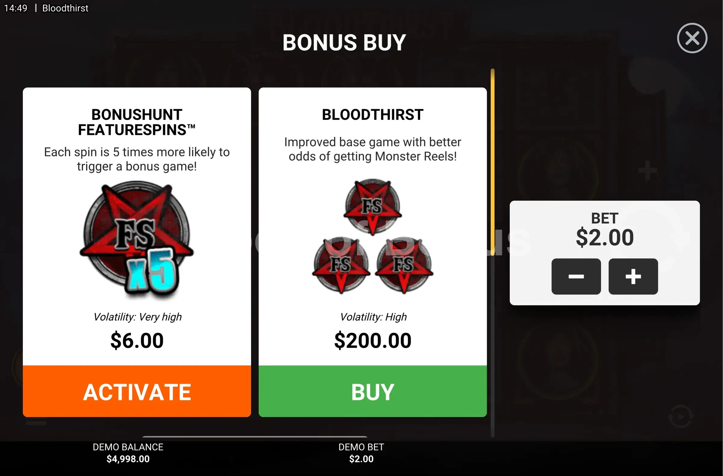 Bloodthirst par Hacksaw Gaming - menu d'achat de bonus et options