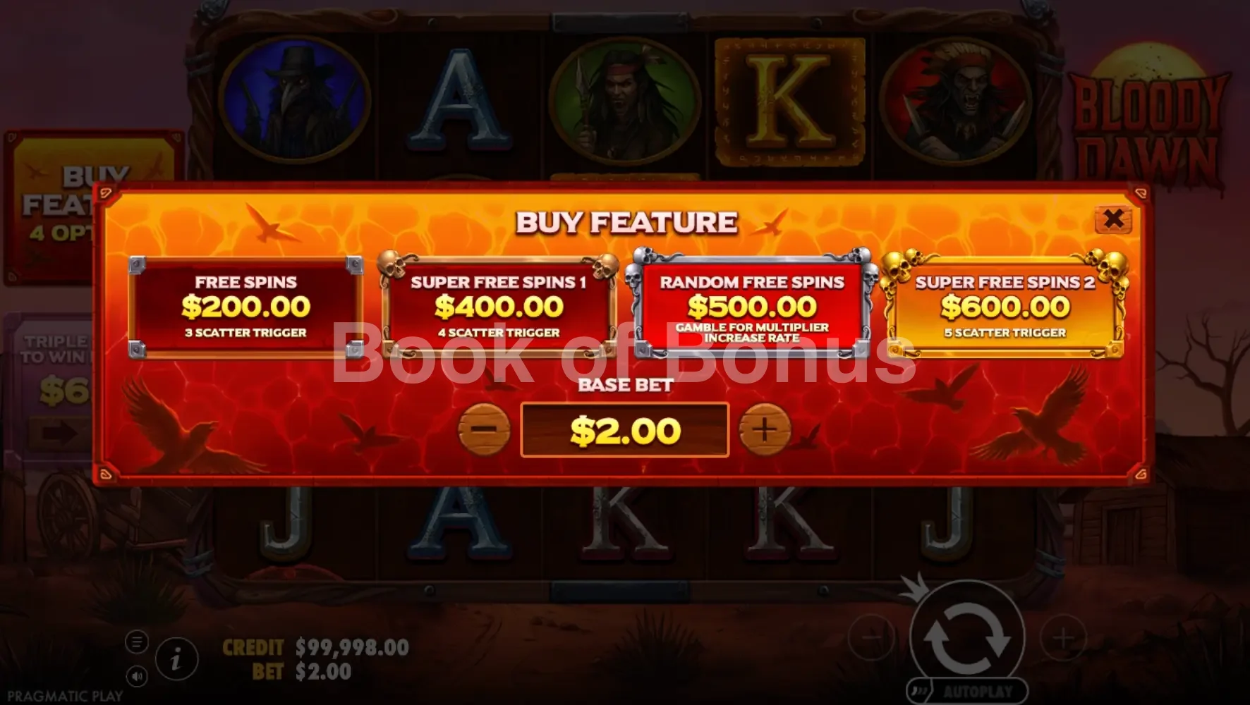 Bloody Dawn par Pragmatic Play - menu d'achat de bonus et options