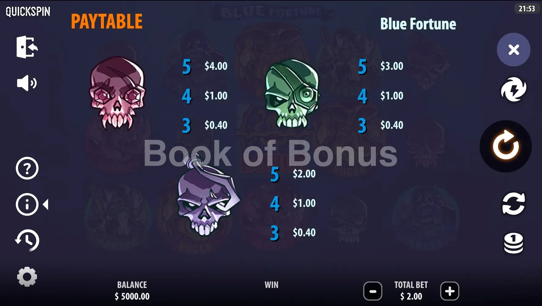 Blue Fortune par Quickspin - table des gains et valeurs des symboles