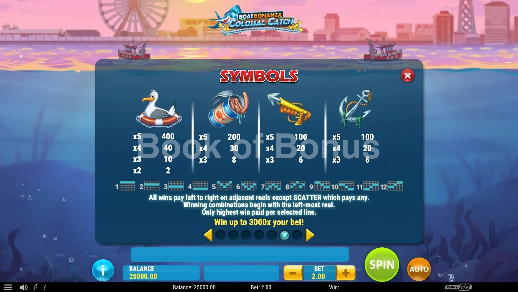 Boat Bonanza Colossal Catch par Play'n GO - table des gains et valeurs des symboles