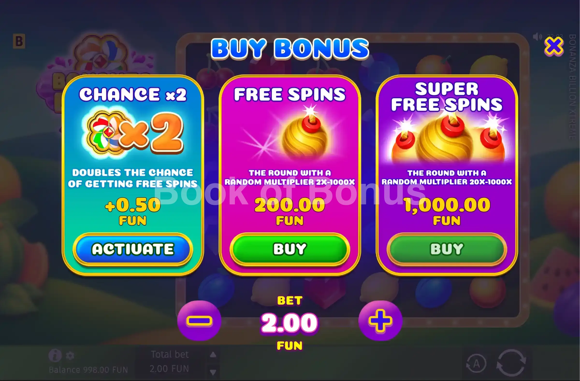 Bonanza Billion Xtreme par BGaming - menu d'achat de bonus et options
