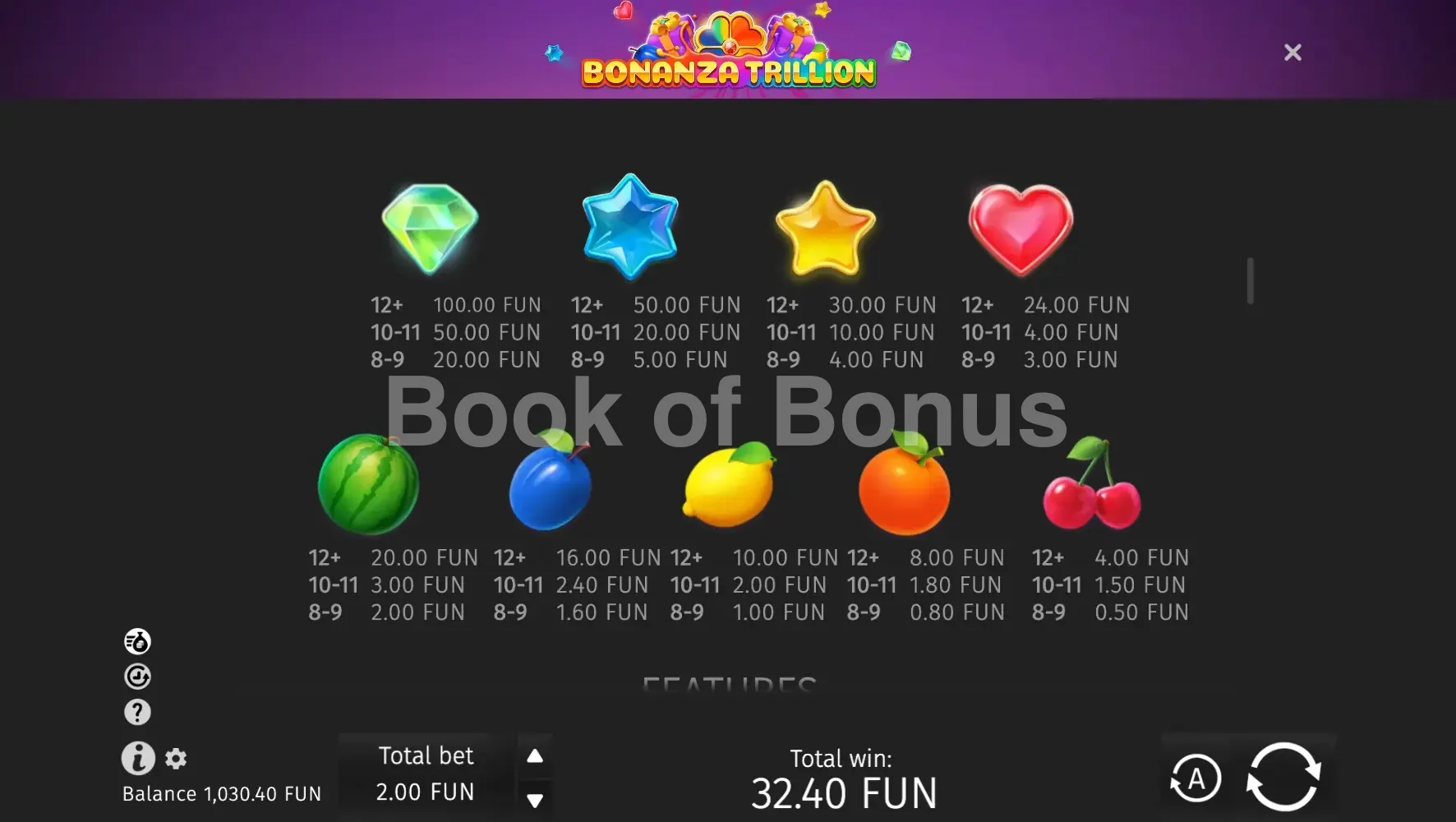 Bonanza Trillion par BGaming - table des gains et valeurs des symboles