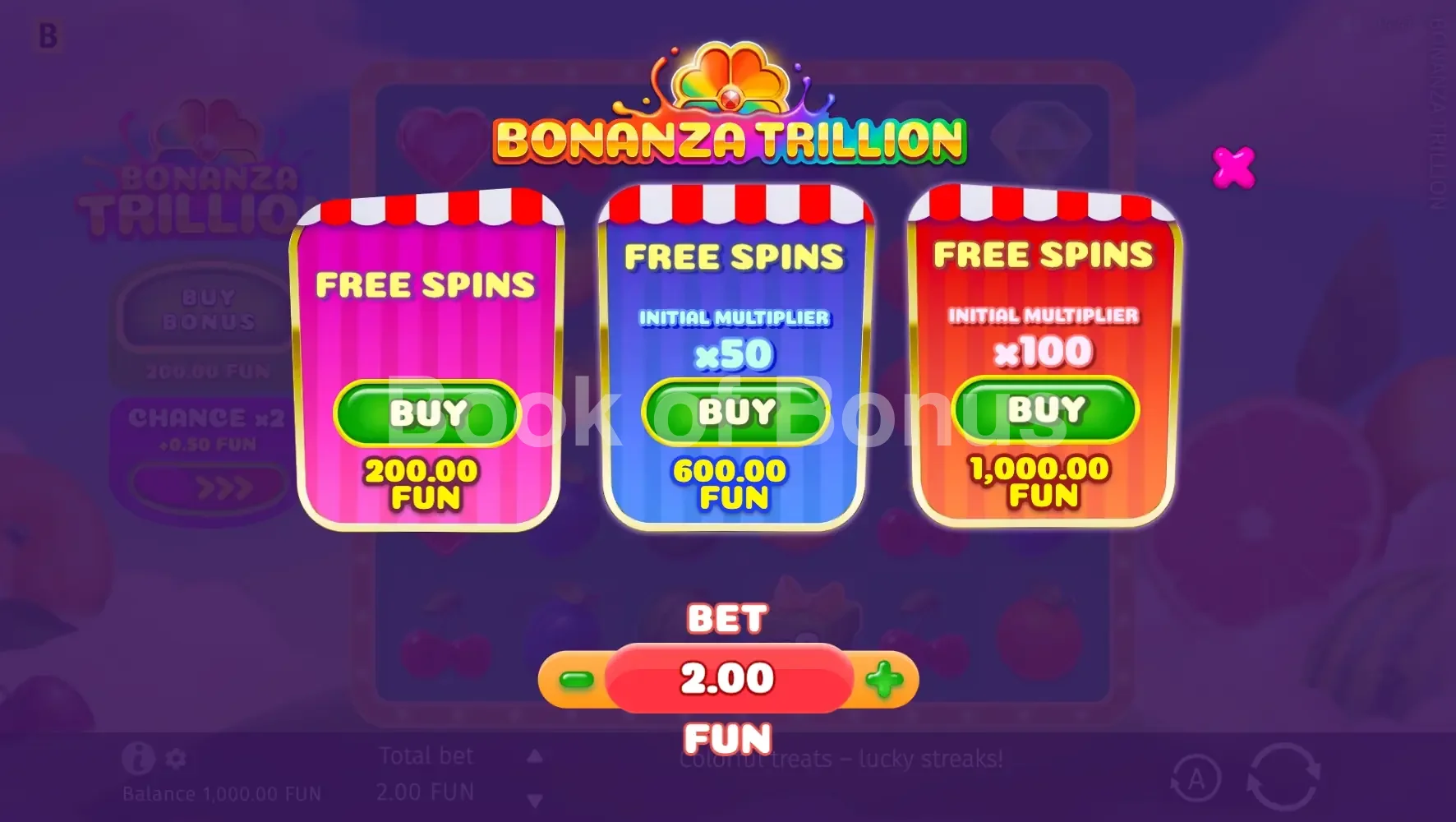 Bonanza Trillion par BGaming - menu d'achat de bonus et options