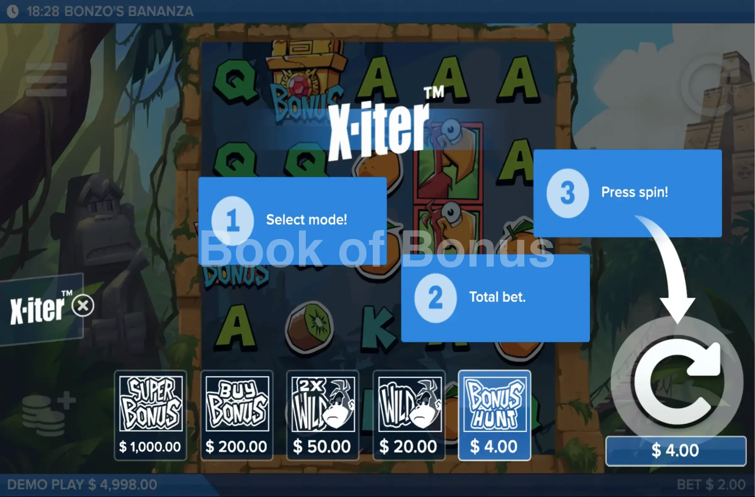 Bonzo’s Bananza par ELK Studios - menu d'achat de bonus et options