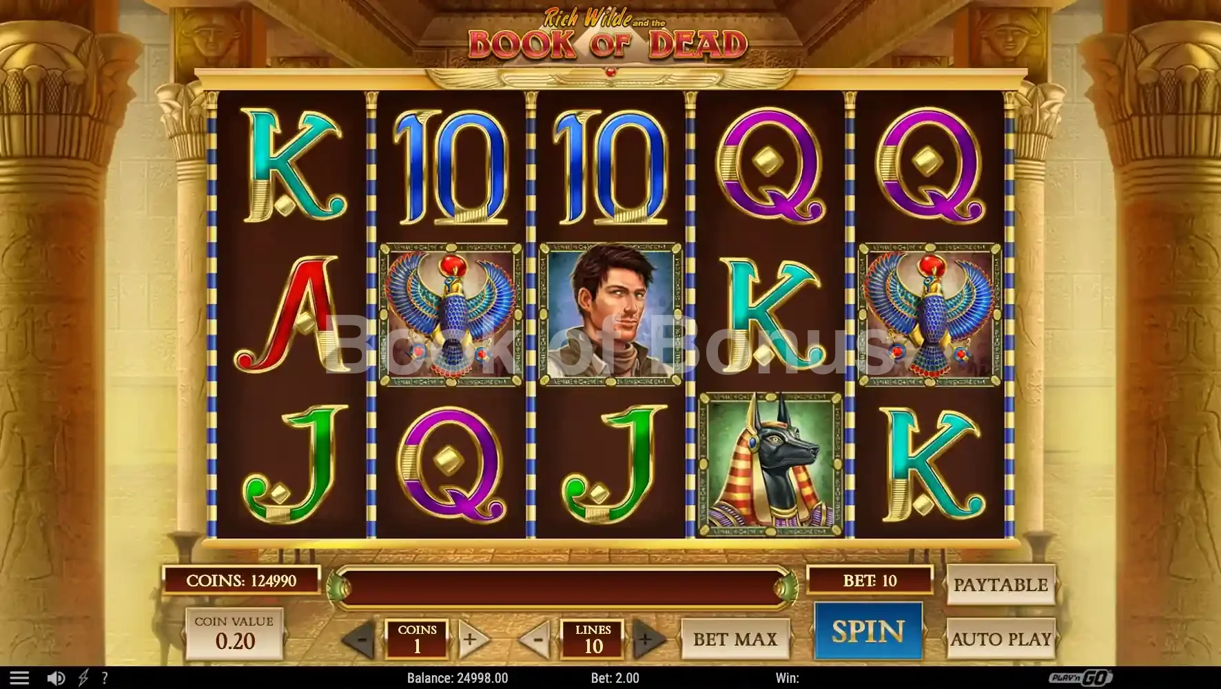 Book of Dead par Play'n GO - jeu de base et disposition des rouleaux