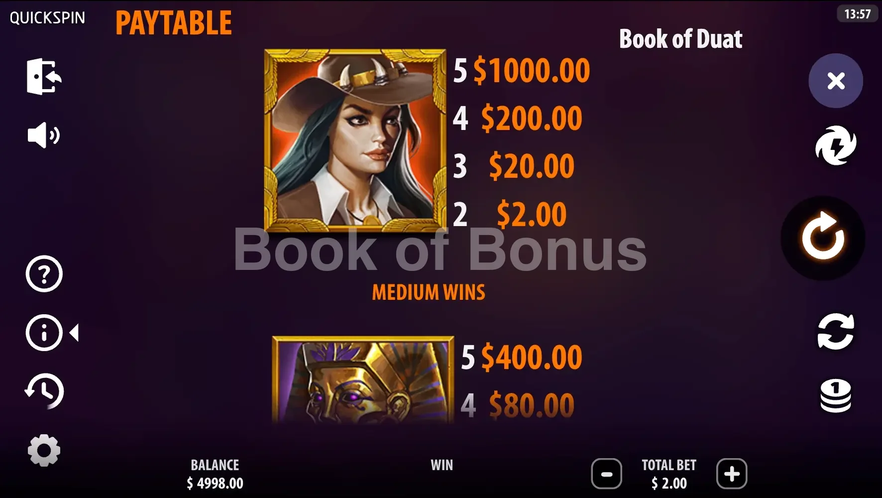 Book of Duat par Quickspin - table des gains et valeurs des symboles