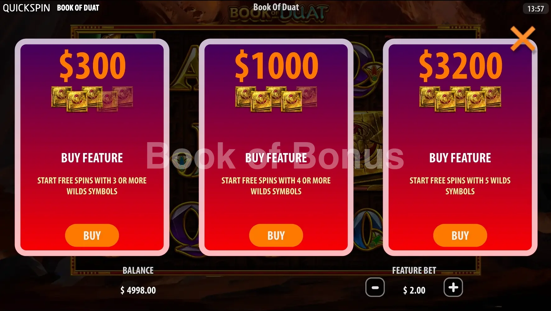 Book of Duat par Quickspin - menu d'achat de bonus et options
