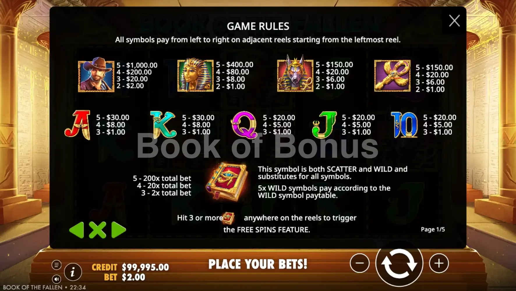 Book of Fallen par Pragmatic Play - table des gains et valeurs des symboles