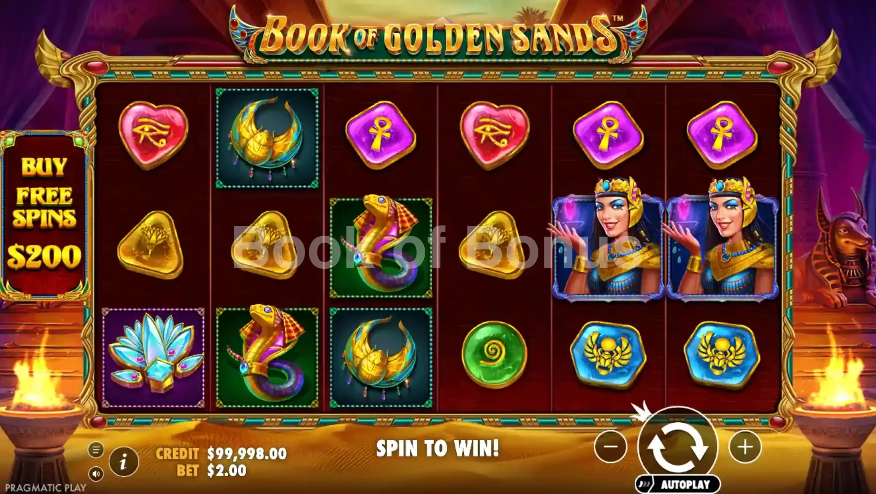 Book of Golden Sands par Pragmatic Play - jeu de base et disposition des rouleaux