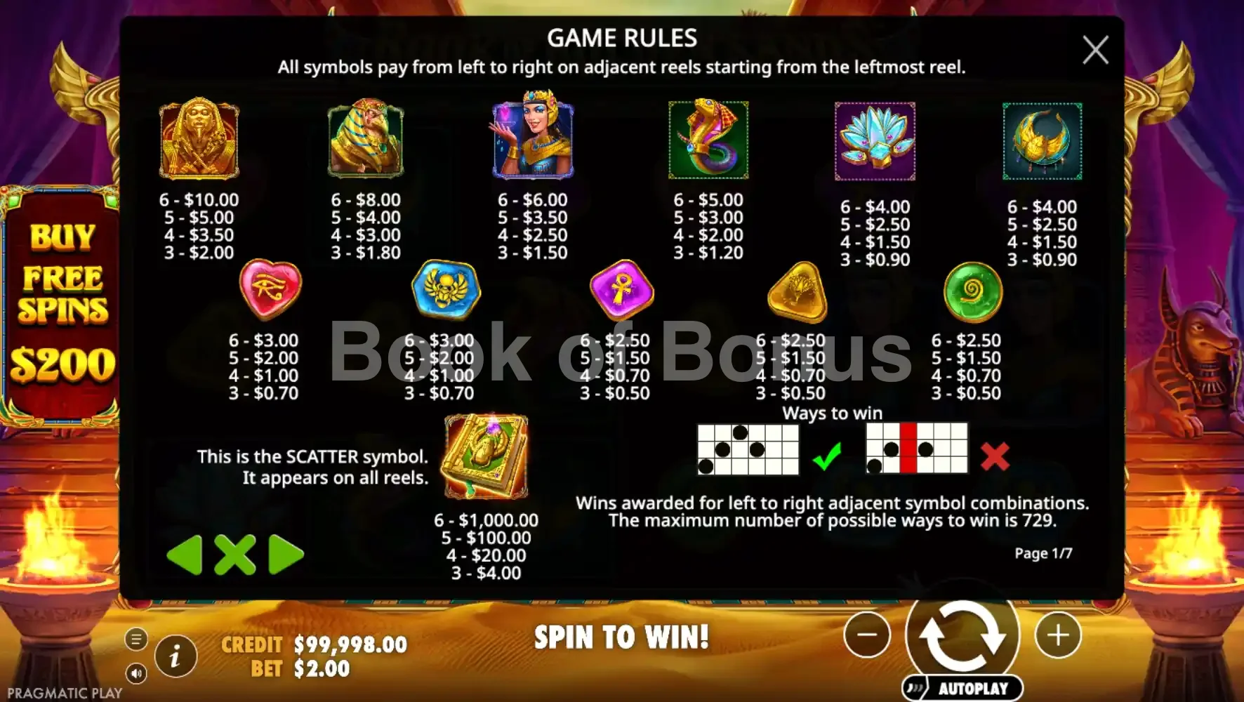 Book of Golden Sands par Pragmatic Play - table des gains et valeurs des symboles