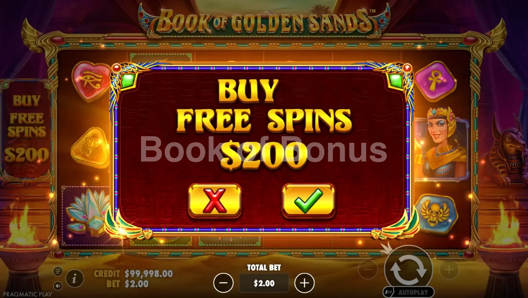 Book of Golden Sands par Pragmatic Play - menu d'achat de bonus et options