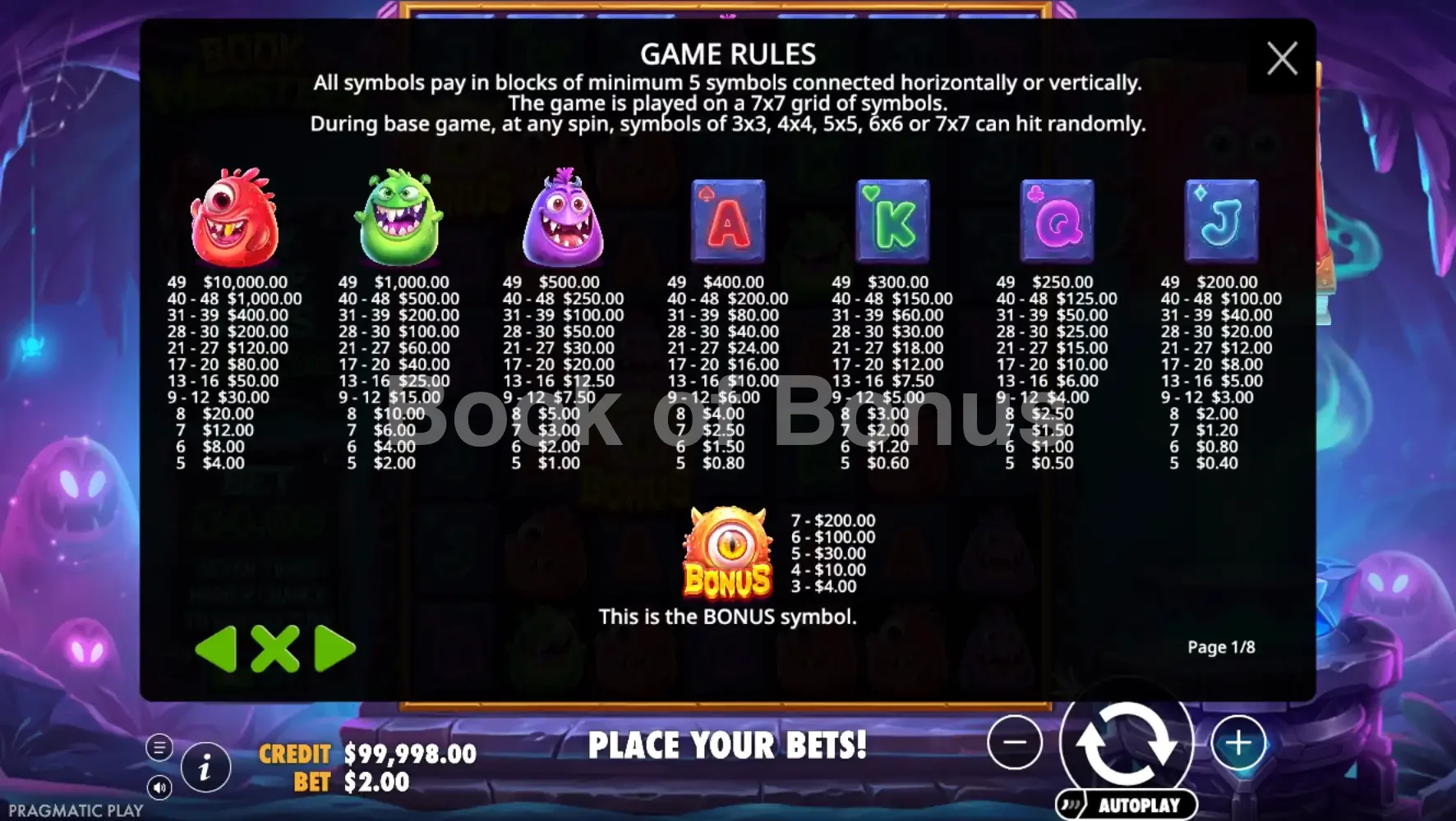 Book of Monsters par Pragmatic Play - table des gains et valeurs des symboles