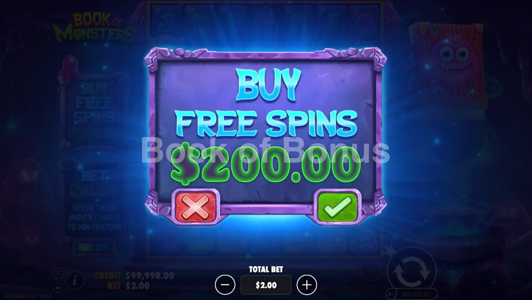 Book of Monsters par Pragmatic Play - menu d'achat de bonus et options