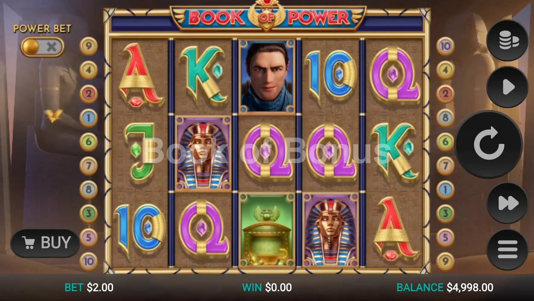 Book of Power par Relax Gaming - jeu de base et disposition des rouleaux