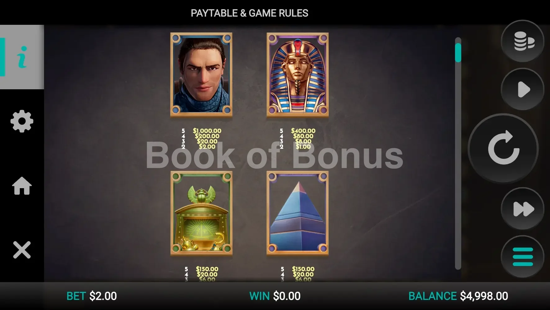 Book of Power par Relax Gaming - table des gains et valeurs des symboles