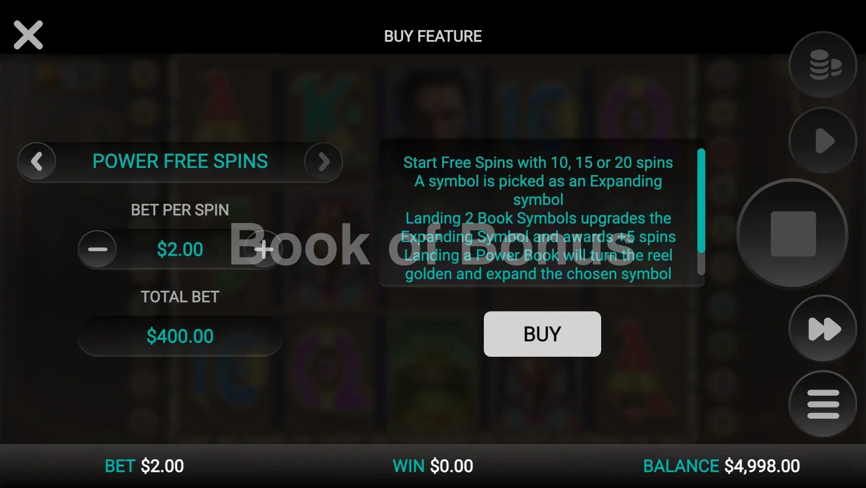 Book of Power par Relax Gaming - menu d'achat de bonus et options