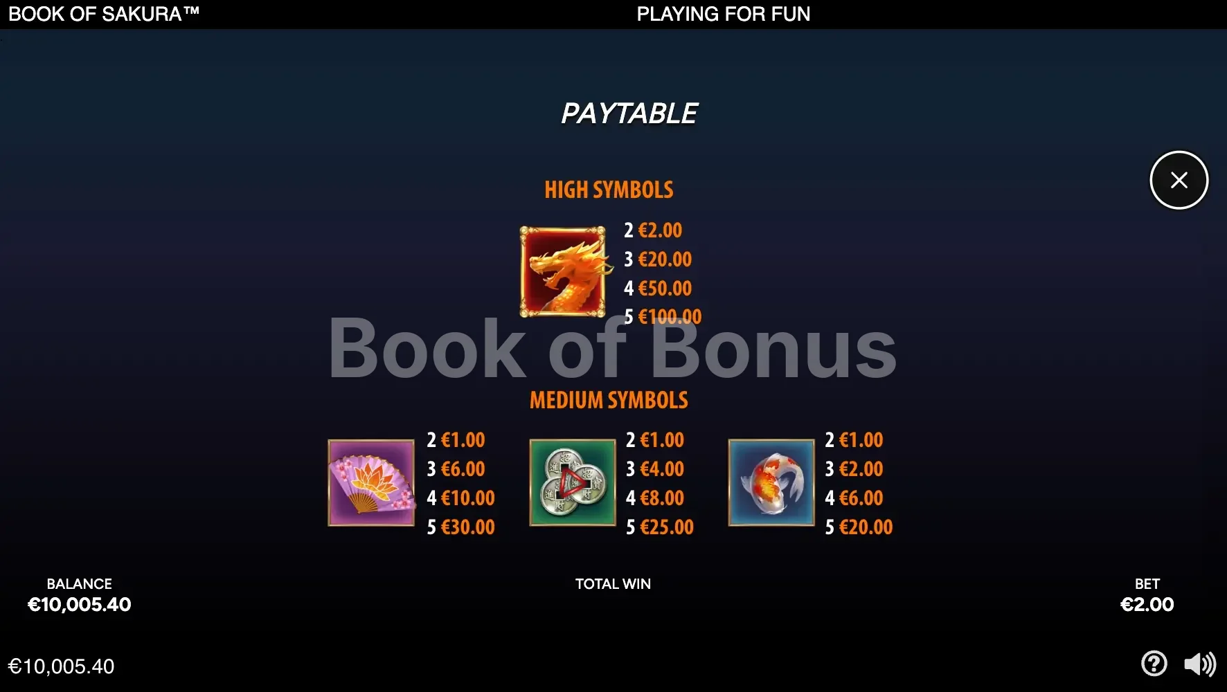 Book of Sakura par Quickspin - table des gains et valeurs des symboles