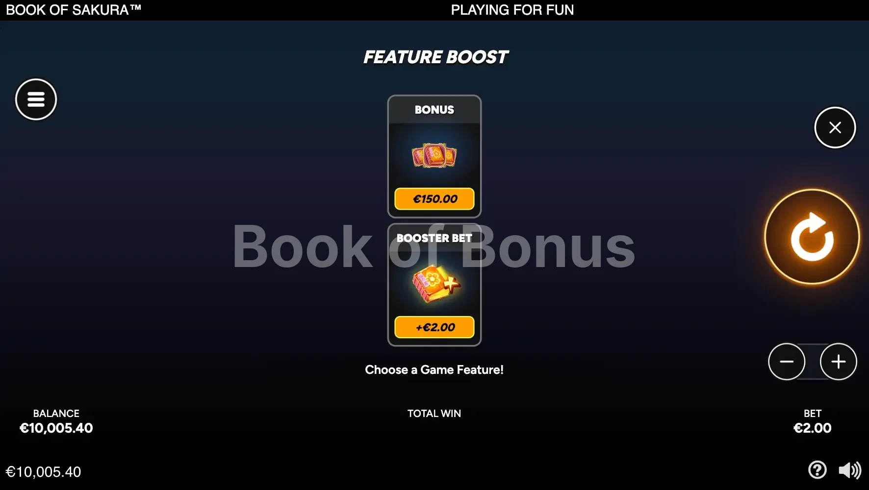 Book of Sakura par Quickspin - menu d'achat de bonus et options